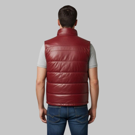 Red Leather Bubble Vest Men Handmade Sleeveless Puffer Jacket