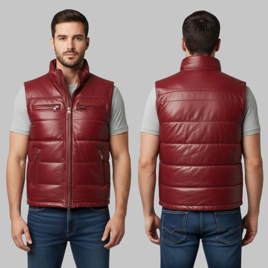 Red Leather Bubble Vest Men Handmade Sleeveless Puffer Jacket