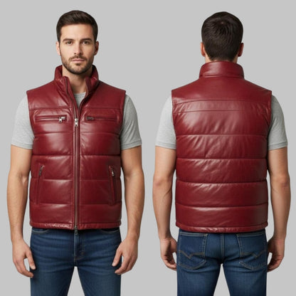 Red Leather Bubble Vest Men Handmade Sleeveless Puffer Jacket
