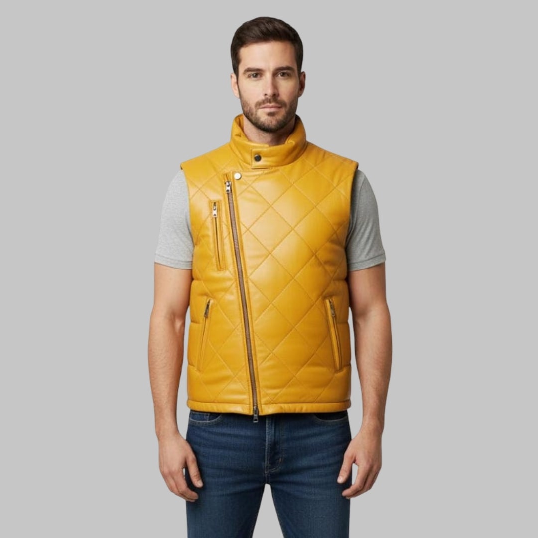 Men Yellow Leather Bubble Vest Handmade Puffer Waistcoat