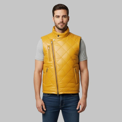 Men Yellow Leather Bubble Vest Handmade Puffer Waistcoat