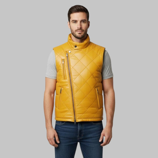 Men Yellow Leather Bubble Vest Handmade Puffer Waistcoat