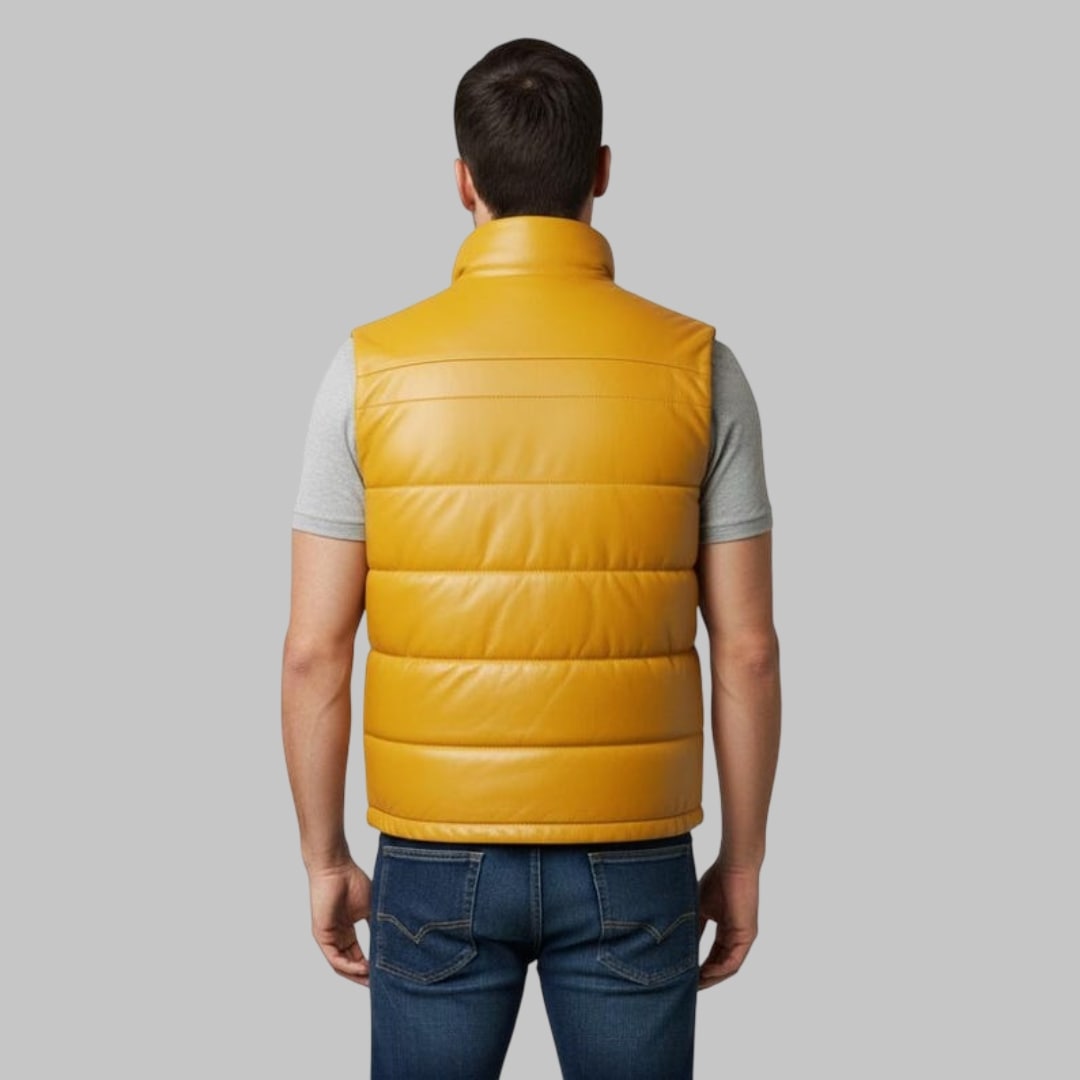Men Yellow Leather Bubble Vest Handmade Puffer Waistcoat