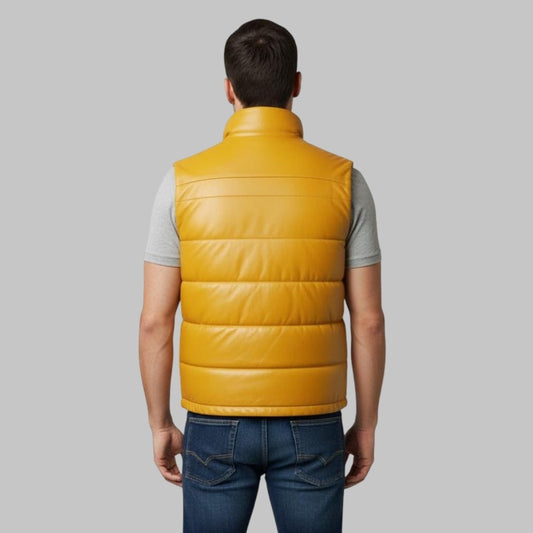 Men Yellow Leather Bubble Vest Handmade Puffer Waistcoat
