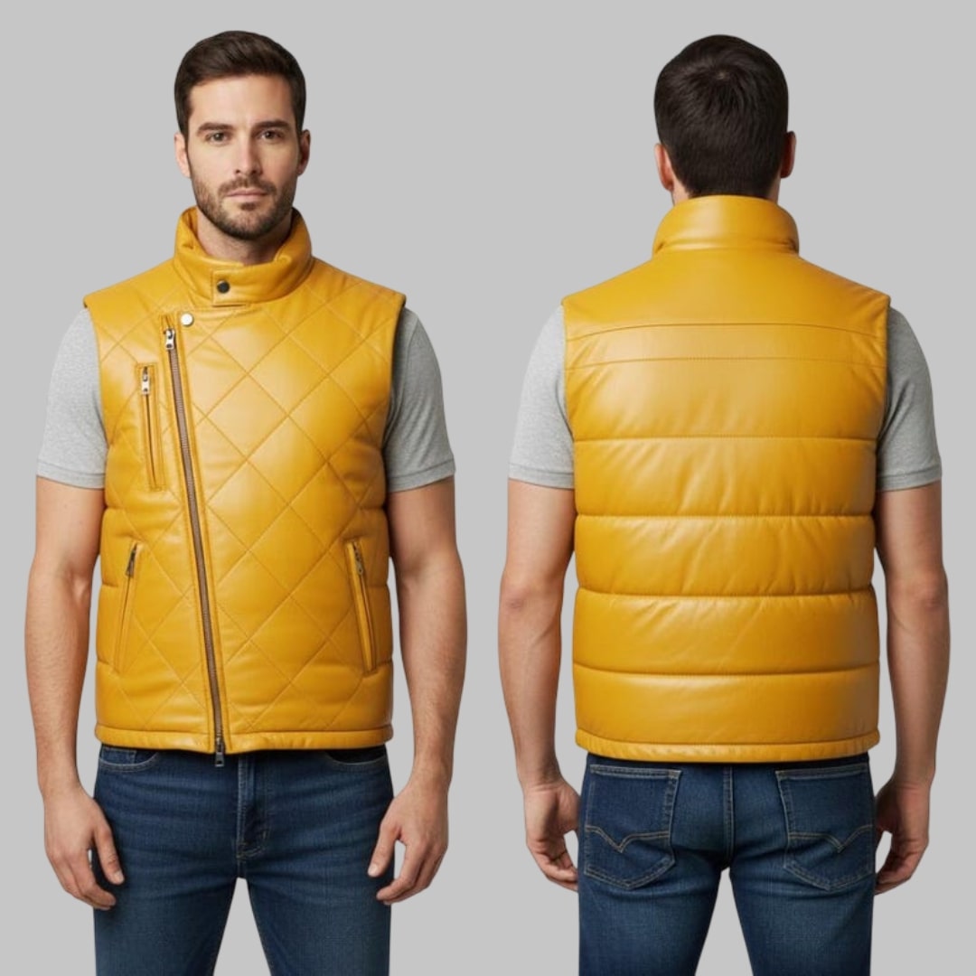 Men Yellow Leather Bubble Vest Handmade Puffer Waistcoat