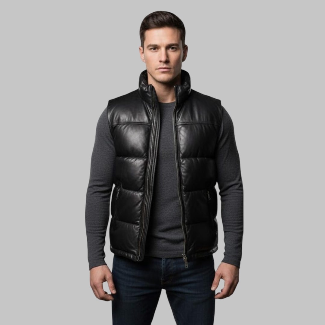 Men Black Leather Bubble Vest Real Leather Sleeveless Puffer Jacket