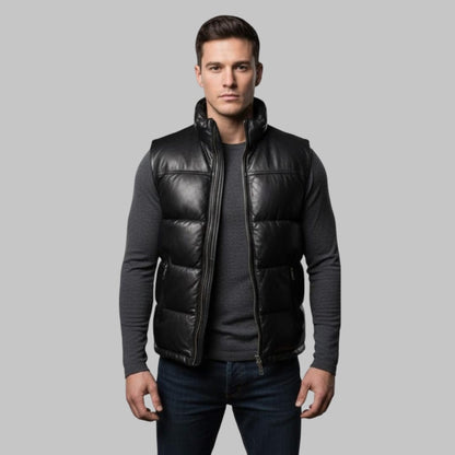 Men Black Leather Bubble Vest Real Leather Sleeveless Puffer Jacket