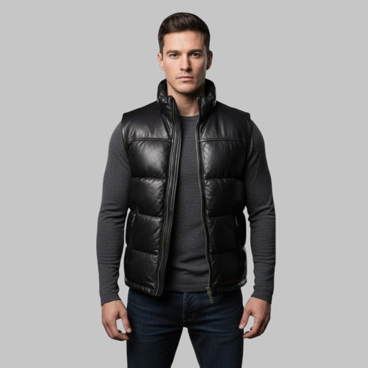 Men Black Leather Bubble Vest Real Leather Sleeveless Puffer Jacket