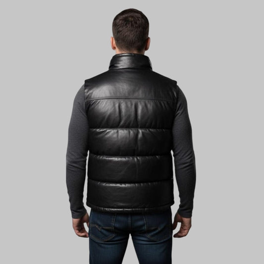 Men Black Leather Bubble Vest Real Leather Sleeveless Puffer Jacket