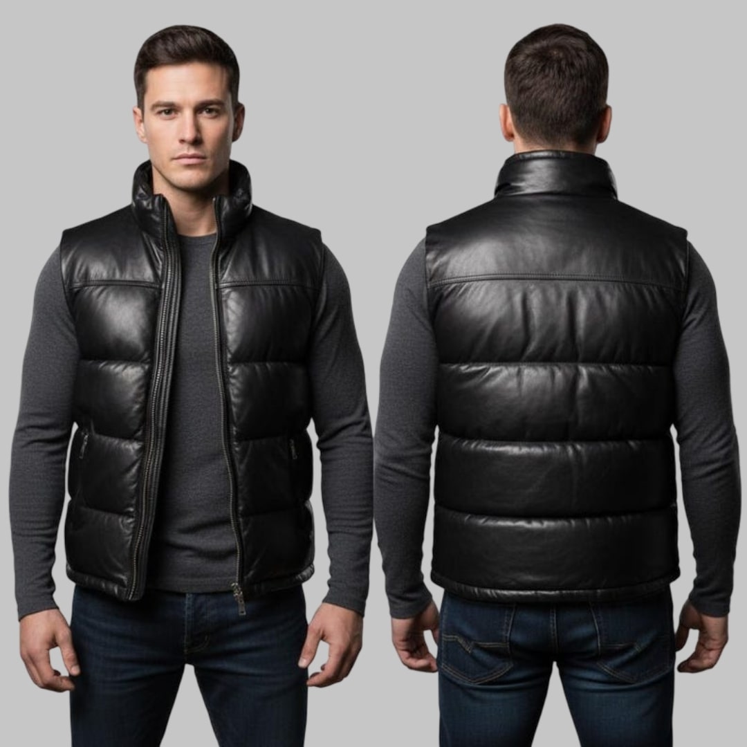Men Black Leather Bubble Vest Real Leather Sleeveless Puffer Jacket
