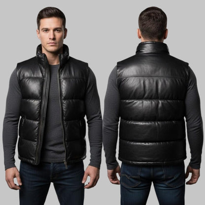 Men Black Leather Bubble Vest Real Leather Sleeveless Puffer Jacket