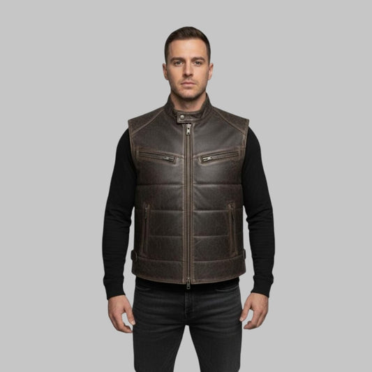 Men Handmade Leather Bubble Vest Genuine Sleeveless Puffer Jacket