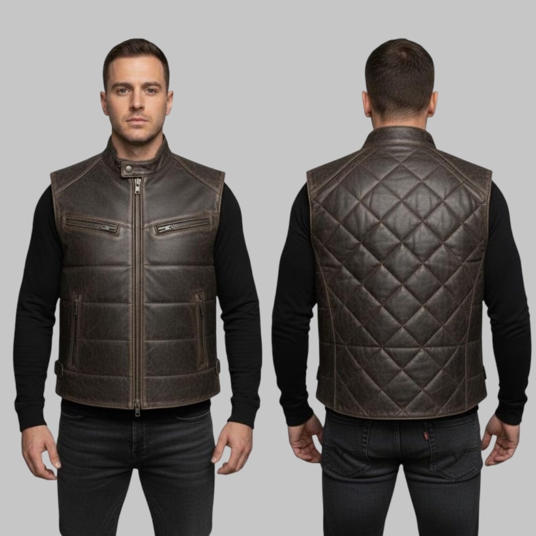 Men Handmade Leather Bubble Vest Genuine Sleeveless Puffer Jacket