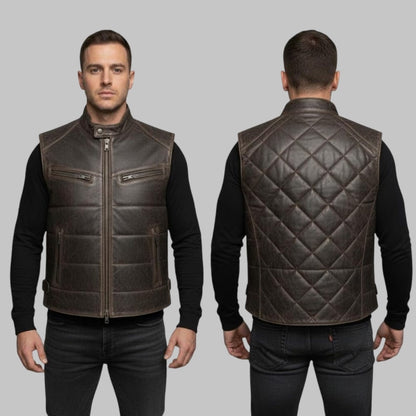 Men Handmade Leather Bubble Vest Genuine Sleeveless Puffer Jacket