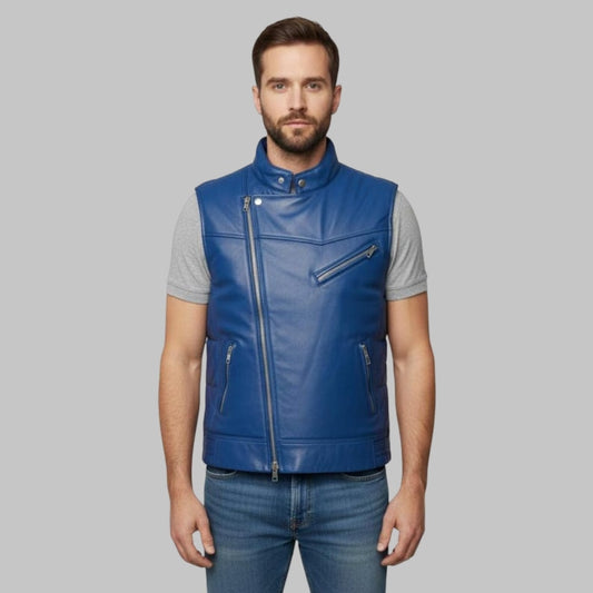 Men Blue Leather Bubble Vest Vintage Quilted Sleeveless Puffer