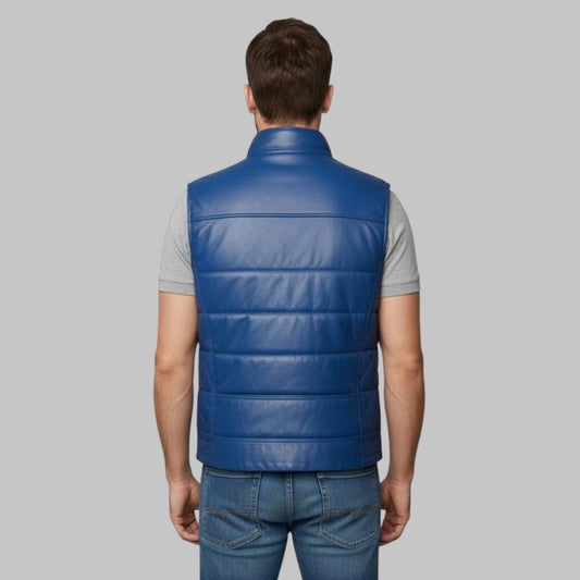 Men Blue Leather Bubble Vest Vintage Quilted Sleeveless Puffer