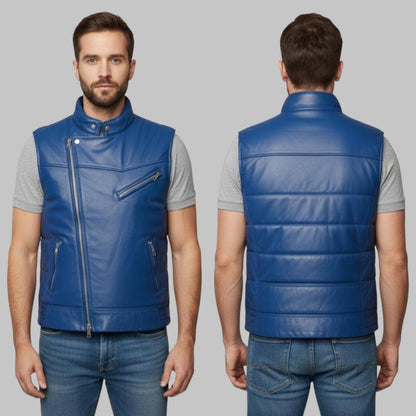 Men Blue Leather Bubble Vest Vintage Quilted Sleeveless Puffer