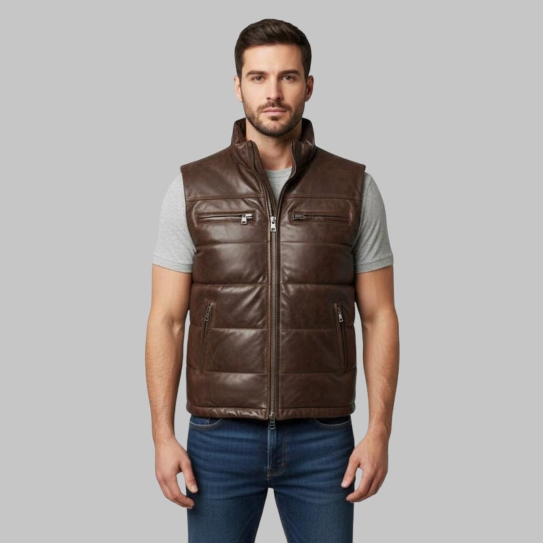 Classic Men Leather Puffer Vest Quilted Handmade Bubble Waistcoat