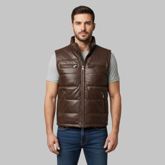 Classic Men Leather Puffer Vest Quilted Handmade Bubble Waistcoat