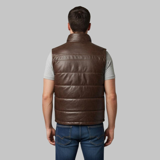 Classic Men Leather Puffer Vest Quilted Handmade Bubble Waistcoat