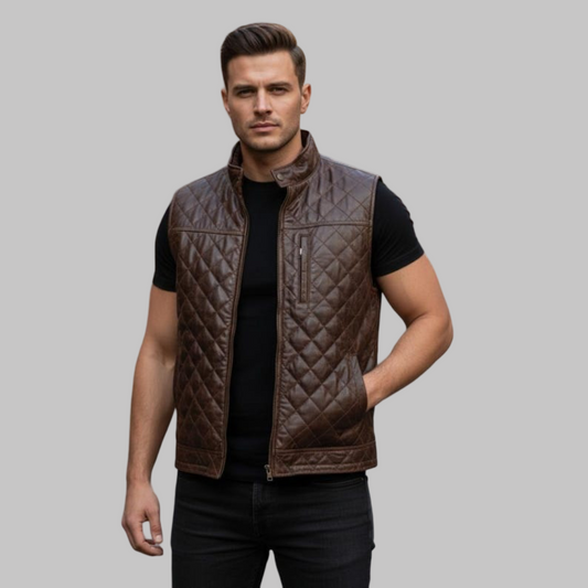 Men Leather Bubble Vest Genuine Sleeveless Puffer Jacket