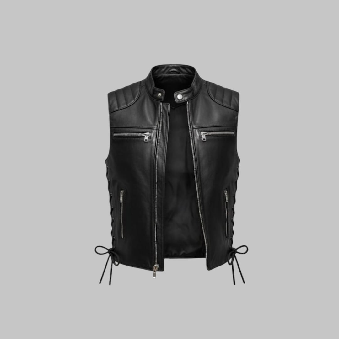 Men’s Black Genuine Leather Vest Rugged Sleeveless Jacket