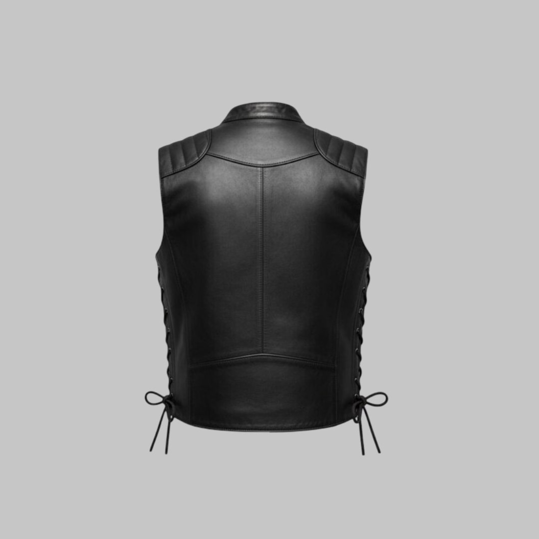 Men’s Black Genuine Leather Vest Rugged Sleeveless Jacket