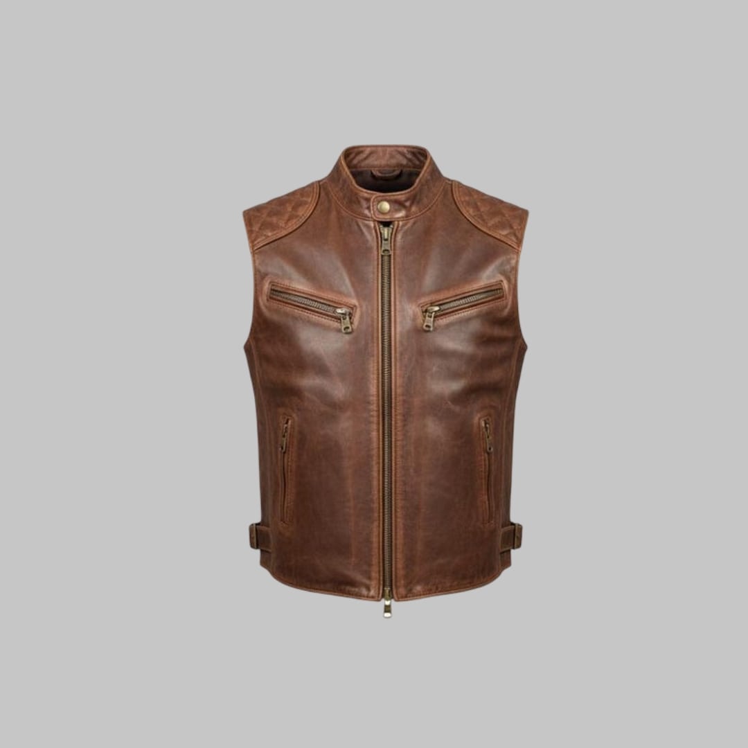 Handmade Men’s Leather Motorcycle Vest  Classic Rugged Sleeveless Style