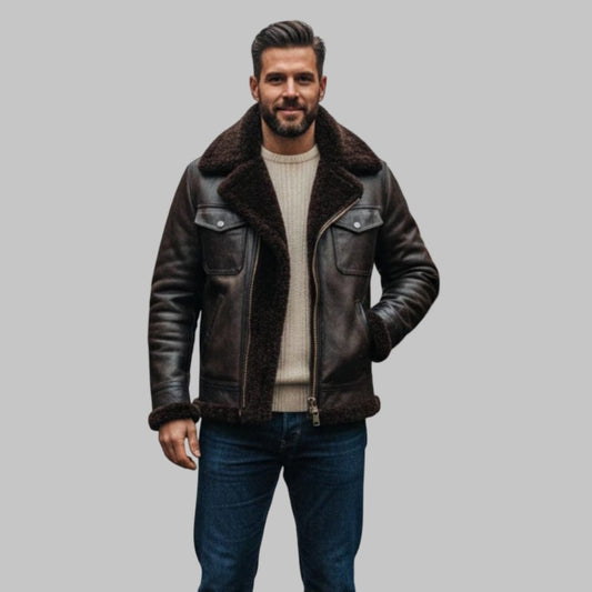 Men’s Black Leather Bomber Jacket with Fur Collar Handmade Aviator Style