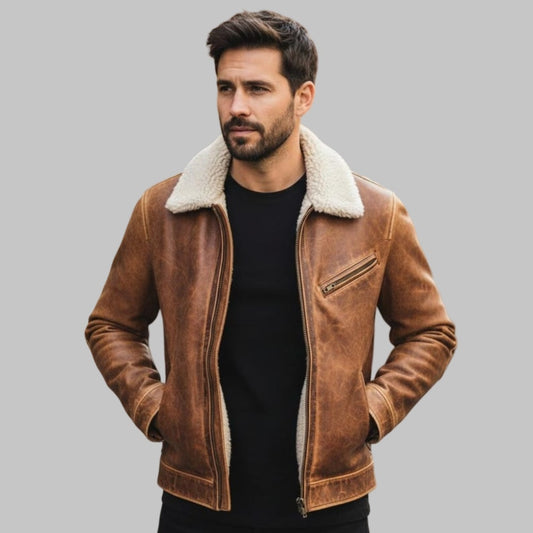 Men Leather Jacket with Fur Collar Retro Biker Style – Premium Handmade