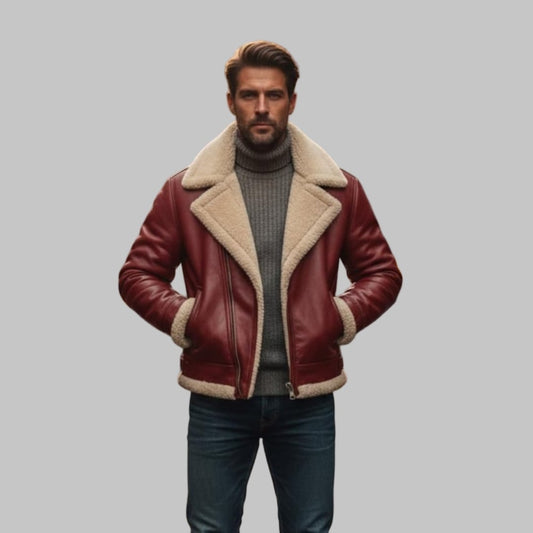 Men Leather Aviator Jacket with Fur Collar Handmade Winter Style