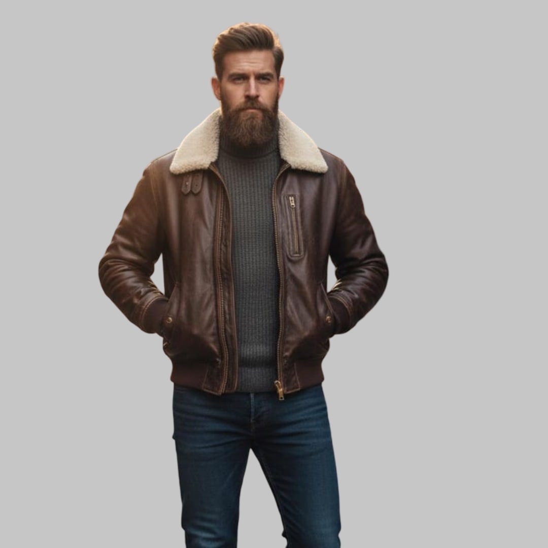 Classic Leather Jacket with Fur Collar for Men