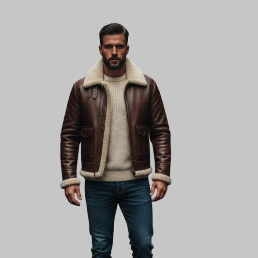 Genuine Leather Bomber Jacket with Fur Collar for Men