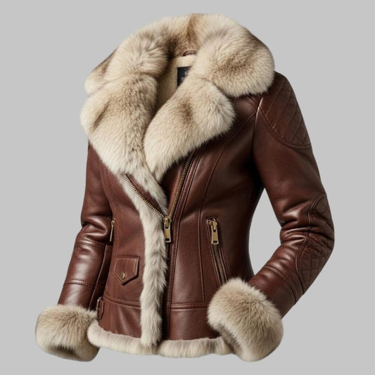 Genuine Sheep Leather Fur Lined Winter Jacket for Women