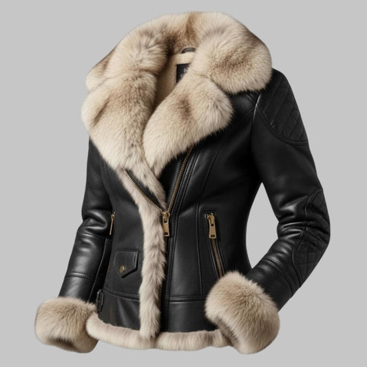 Genuine Sheep Leather Fur Lined Winter Jacket for Women