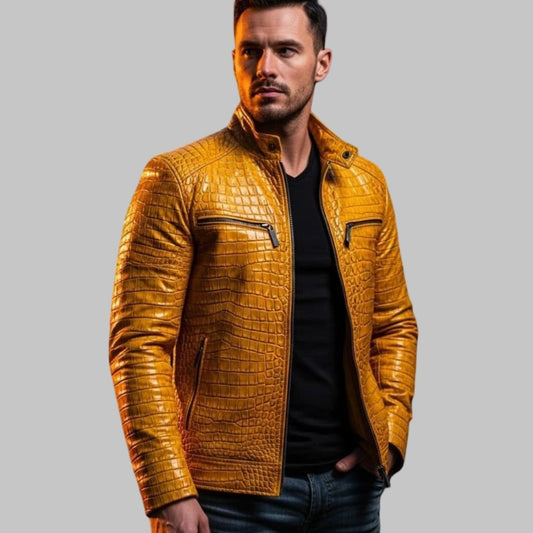 Bold Yellow Crocodile Embossed Leather Jacket for Men Handmade