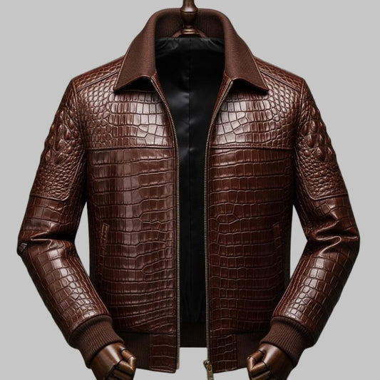 Authentic Crocodile Embossed Leather Jacket for Men Handmade