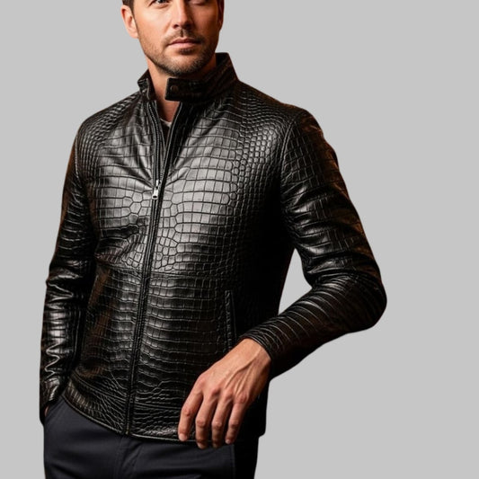 Luxury Black Crocodile Embossed Leather Jacket Handmade Exotic Skin