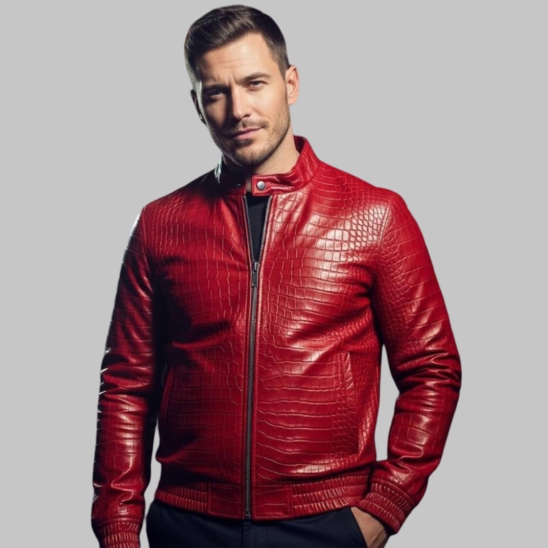 Red Crocodile Embossed Leather Jacket for Men – Handmade Luxury Streetwear