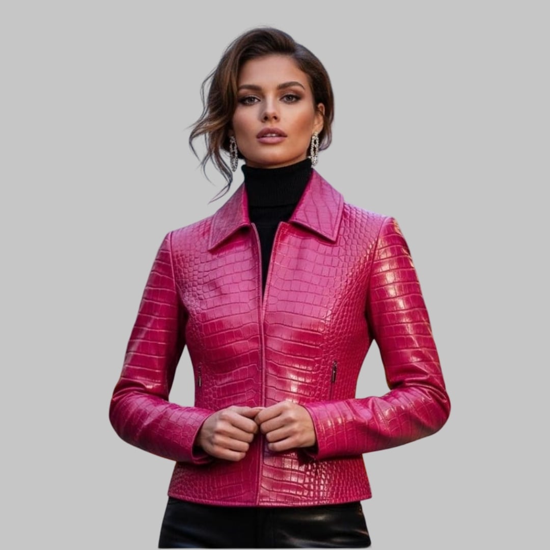 Handmade Pink Crocodile Embossed Leather Moto Jacket Women’s Slim Fit