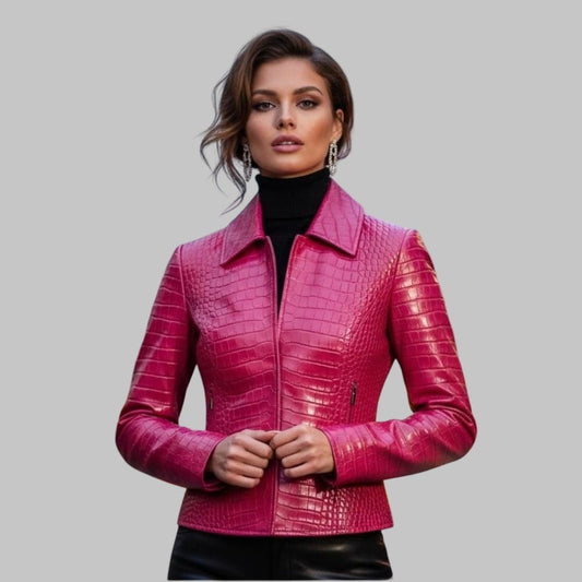 Handmade Pink Crocodile Embossed Leather Moto Jacket Women’s Slim Fit