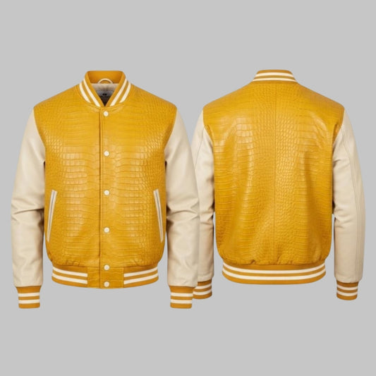 Yellow Crocodile Embossed Leather Varsity Jacket Handmade Men’s Bomber