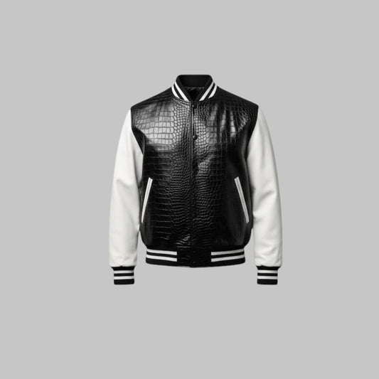 Black Crocodile Embossed Leather Varsity Jacket Handmade Men’s Streetwear