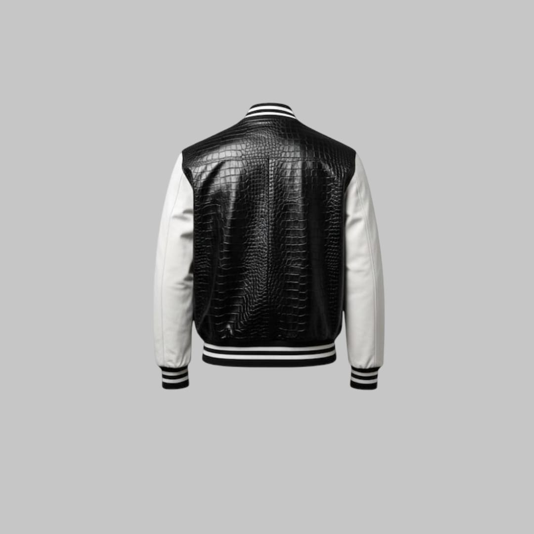 Black Crocodile Embossed Leather Varsity Jacket Handmade Men’s Streetwear