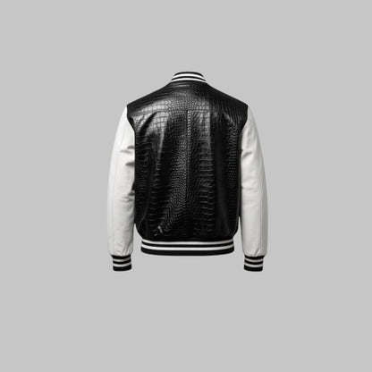 Black Crocodile Embossed Leather Varsity Jacket Handmade Men’s Streetwear