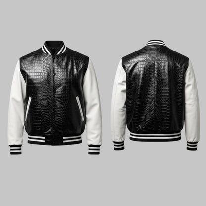 Black Crocodile Embossed Leather Varsity Jacket Handmade Men’s Streetwear