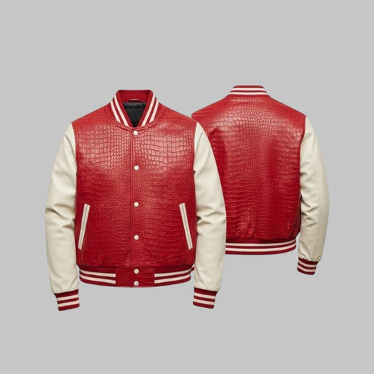 Red Crocodile Embossed Leather Varsity Jacket Handmade Men’s Gothic Fashion