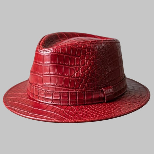 Red Crocodile Embossed Leather Fedora Hat Handmade Exotic Western Style