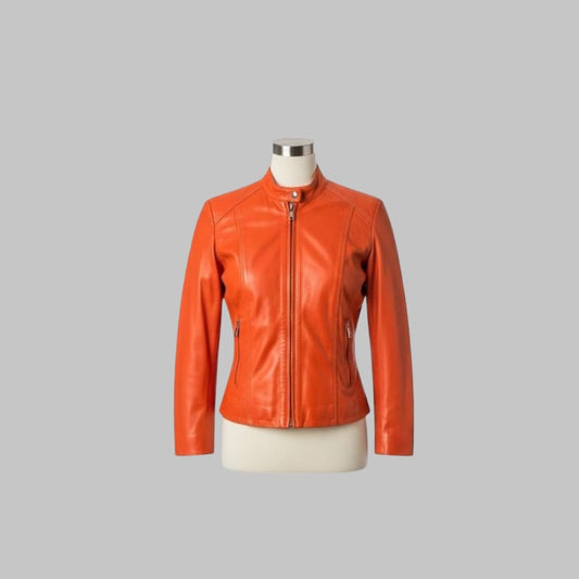 Stylish Women’s Orange Leather Jacket Lightweight Handmade Premium Quality