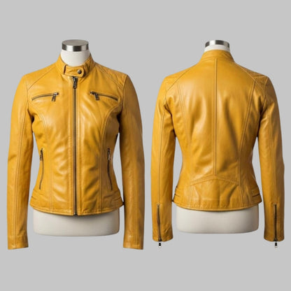 Bold Yellow Women’s Leather Jacket – Vintage Biker Look Handmade